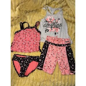 Justice 4 Piece Girls, Outfit, Swimsuit, Tankini Shorts Tank Floral Orange 10